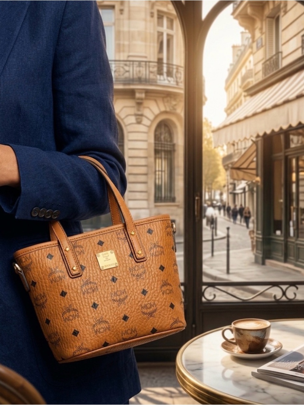 MINI MCM Tan Monogram Tote with Leather Trim
